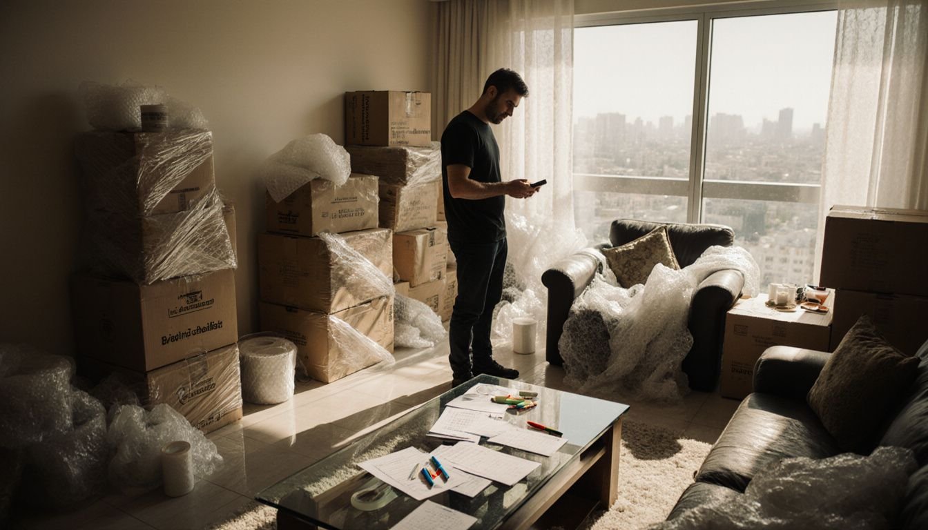 A man in his 40s organizes moving boxes in his apartment. A man in his 40s organizes moving boxes in his apartment.