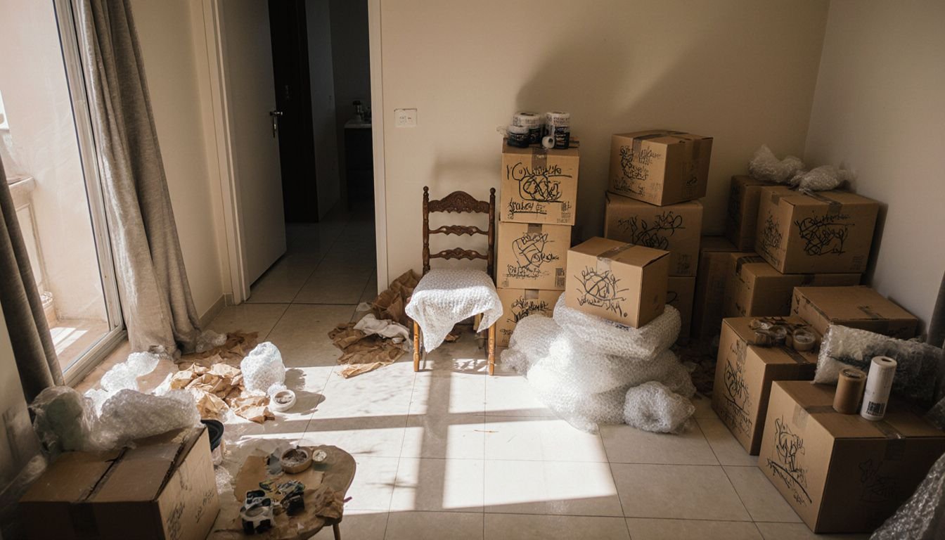 A cluttered apartment mid-move with scattered boxes and packing supplies. A cluttered apartment mid-move with scattered boxes and packing supplies.