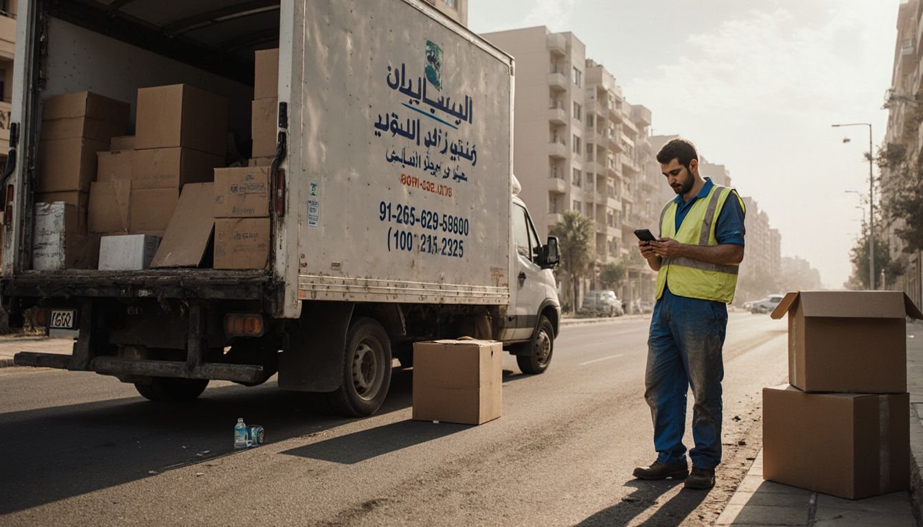 A worker in a uniform checks his phone near a moving truck.