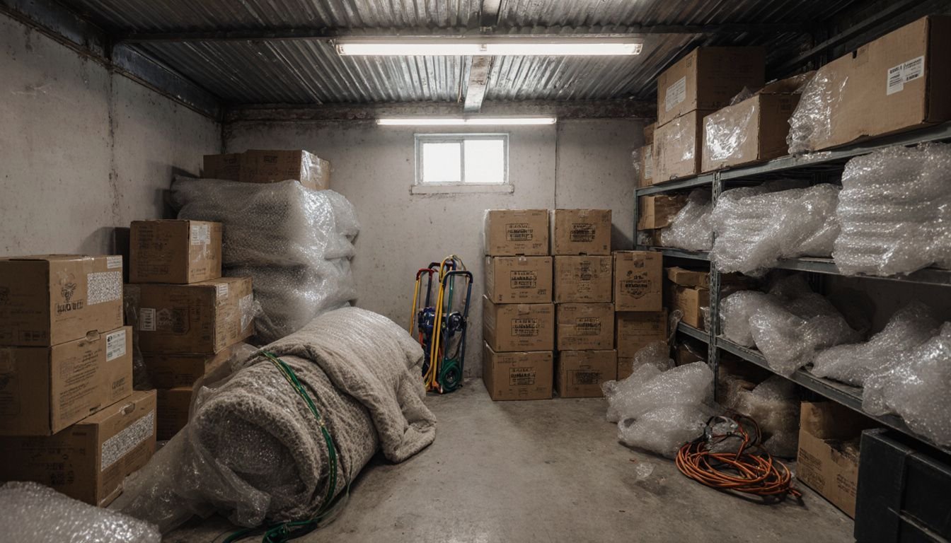 A cluttered storage unit filled with moving boxes and furniture. A cluttered storage unit filled with moving boxes and furniture.