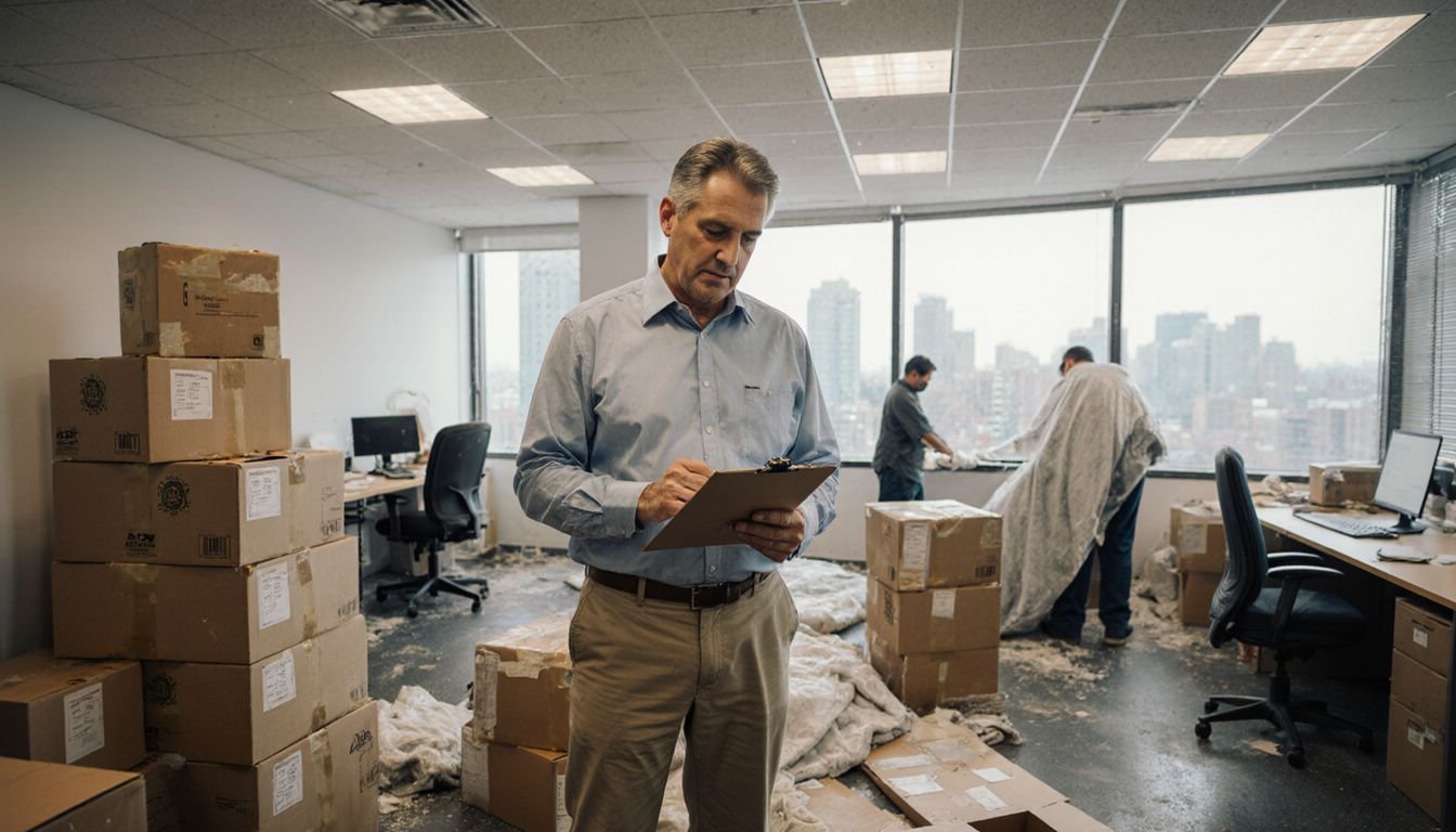 A tired man checks boxes during a chaotic office move. A tired man checks boxes during a chaotic office move.