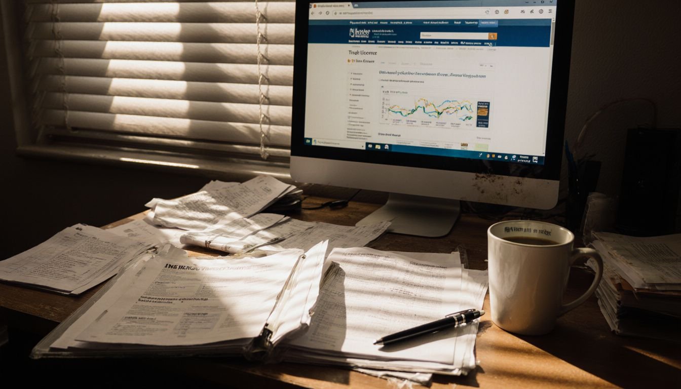 A cluttered desk with documents and a computer screen displays work. A cluttered desk with documents and a computer screen displays work.
