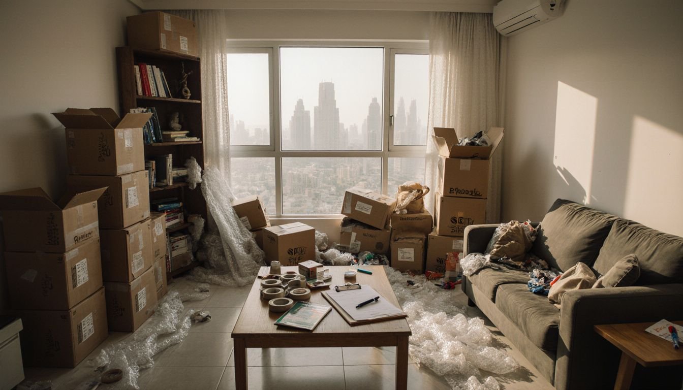 A chaotic living room filled with unpacked boxes during moving day. A chaotic living room filled with unpacked boxes during moving day.