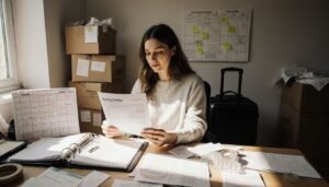 A woman organizes her moving plans amid cluttered packing supplies.