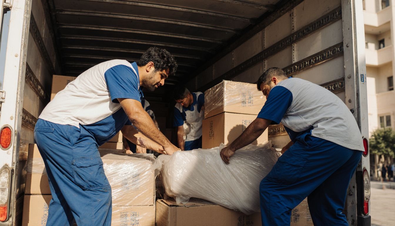 Guys loading furniture and boxes into a moving truck.