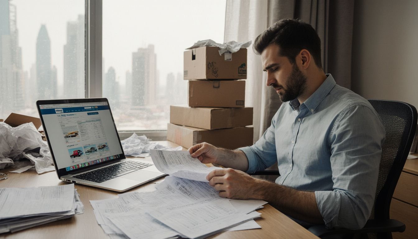 A stressed man compares moving quotes at his cluttered desk. A stressed man compares moving quotes at his cluttered desk.