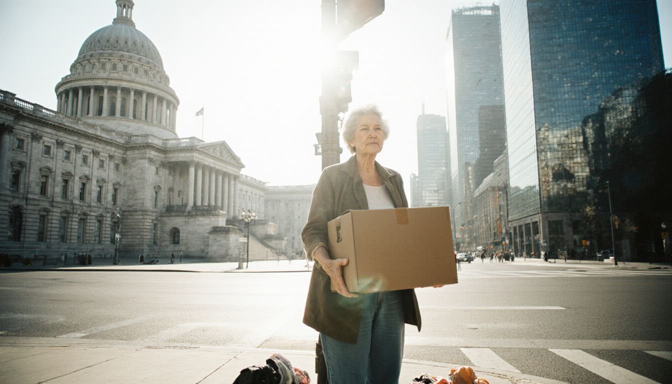 A woman stands at a street corner holding a moving box. A woman stands at a street corner holding a moving box.