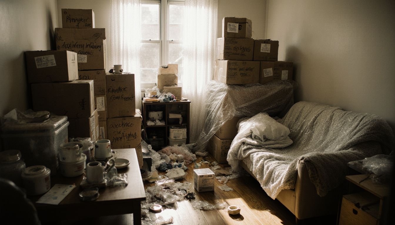 A chaotic apartment mid-move with boxes and packing materials everywhere. A chaotic apartment mid-move with boxes and packing materials everywhere.
