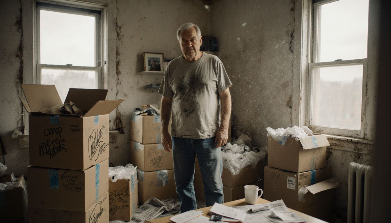 Man in cluttered apartment appears overwhelmed while packing to move.