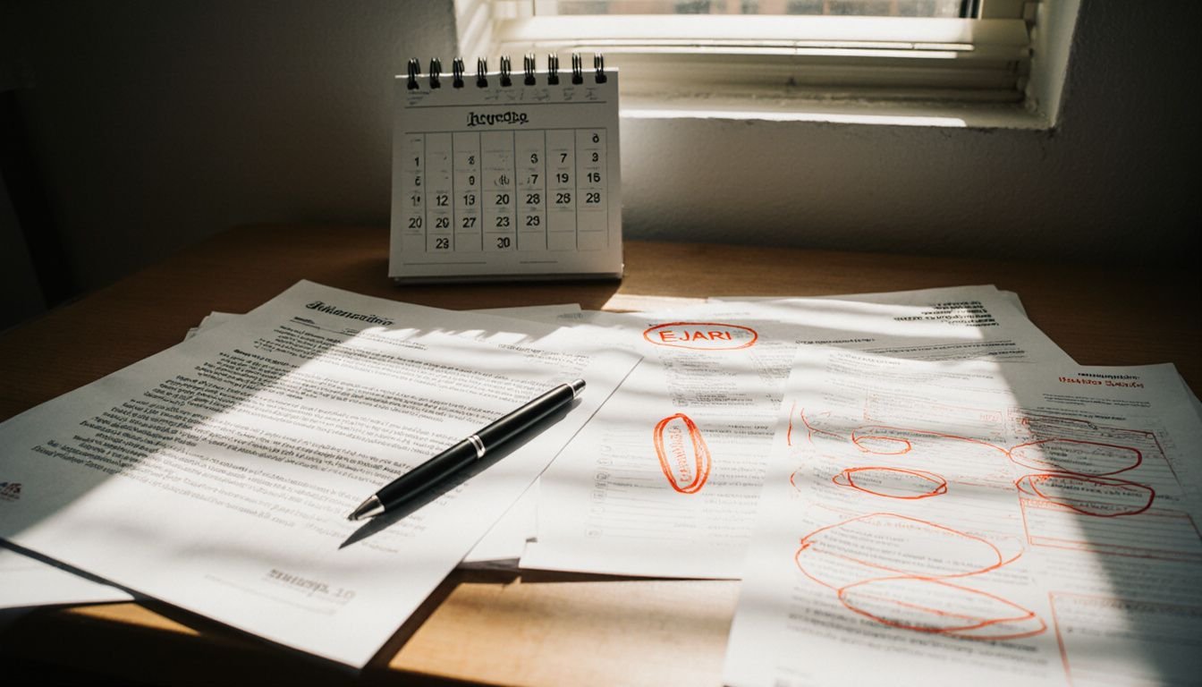 A cluttered desk displays rental documents and a calendar. A cluttered desk displays rental documents and a calendar.