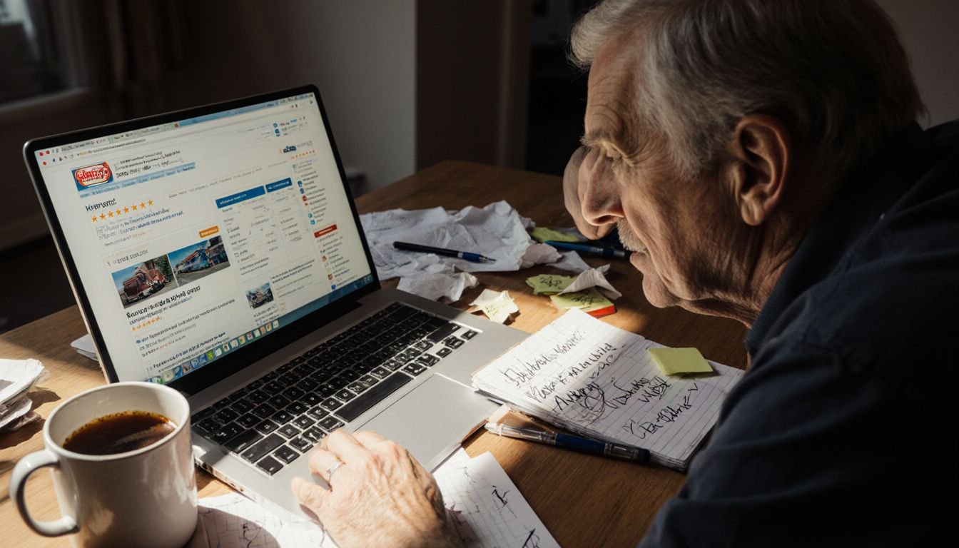 Person researching moving companies at a cluttered home desk. Person researching moving companies at a cluttered home desk.