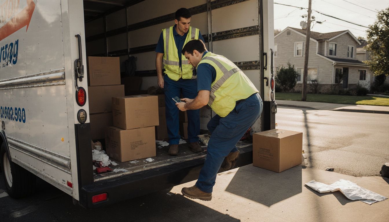 A man loads boxes into a moving truck on a weekday. A man loads boxes into a moving truck on a weekday.
