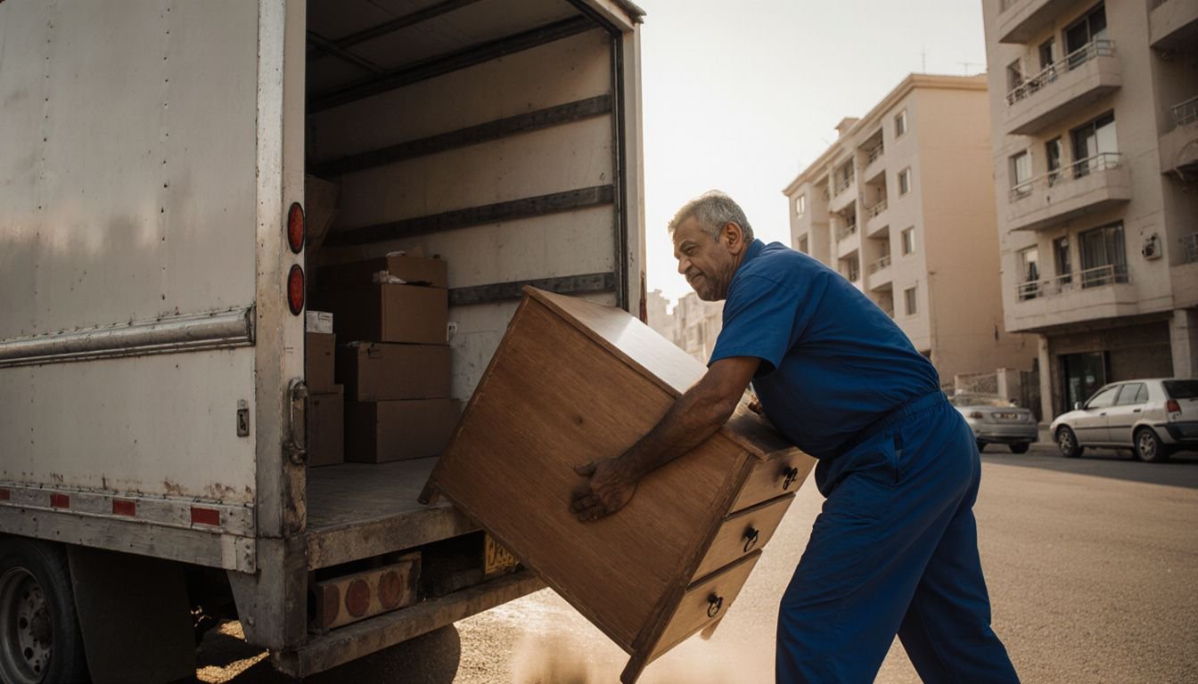 A man in a blue uniform moves a dresser into a truck. A man in a blue uniform moves a dresser into a truck.
