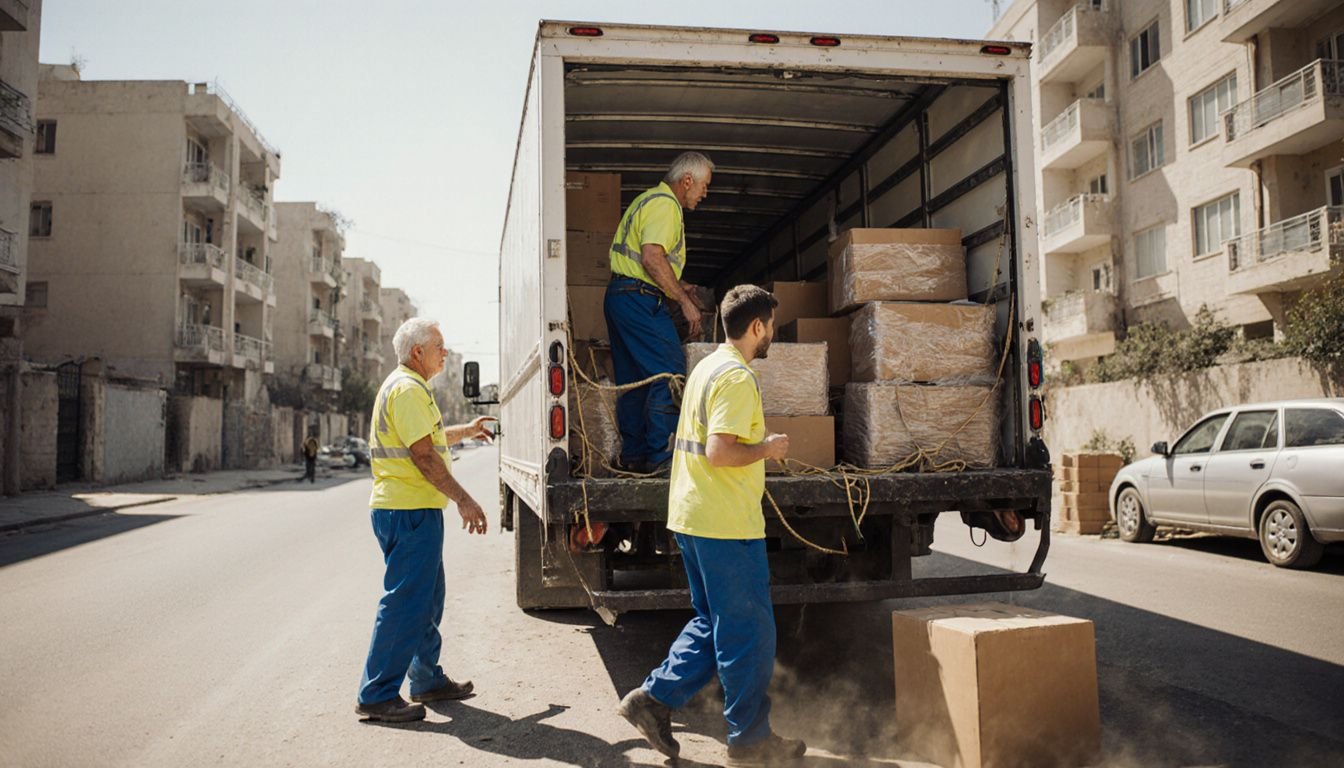 Two movers loading a truck with boxes and furniture on a street. Two movers loading a truck with boxes and furniture on a street.