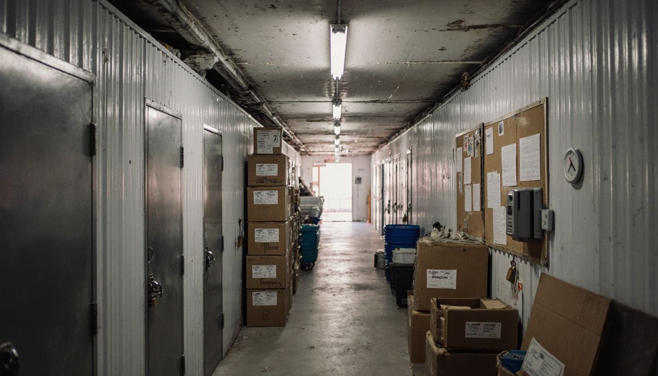 A cluttered storage unit hallway with various metal doors and boxes. A cluttered storage unit hallway with various metal doors and boxes.
