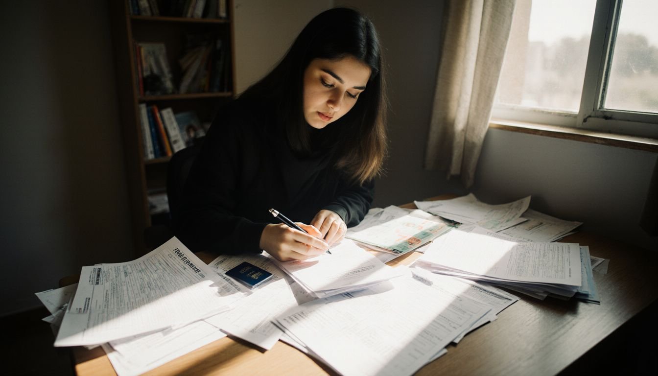 A woman organizes paperwork at her cluttered home office desk. A woman organizes paperwork at her cluttered home office desk.