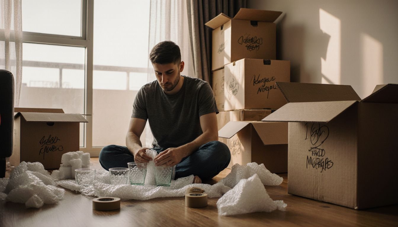 A man packs dishes and glasses for moving in a cluttered apartment. A man packs dishes and glasses for moving in a cluttered apartment.