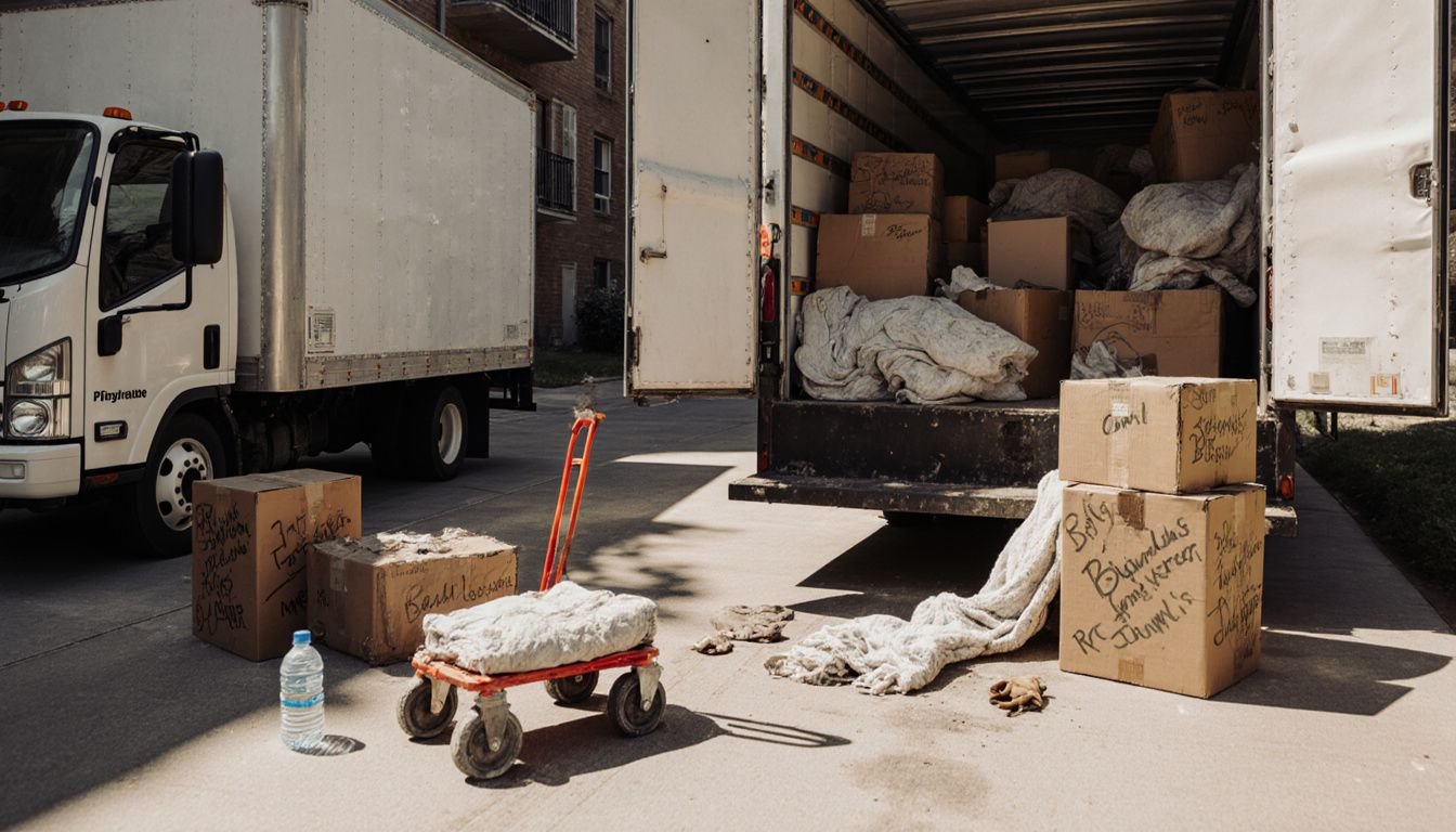 A moving truck is parked, surrounded by scattered boxes and equipment. A moving truck is parked, surrounded by scattered boxes and equipment.